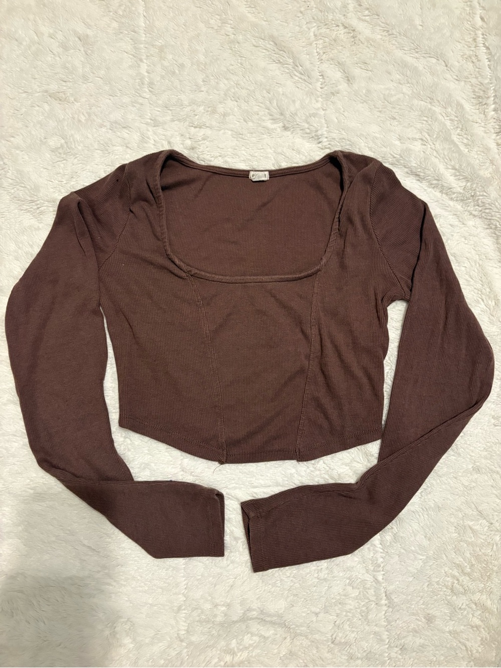 Garage Brown Ribbed Square Neck Long Sleeve Crop Top Size M Y2K Style